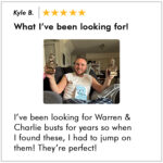 Customer product 5 star review of Warren Buffett and Charlie Munger bronze busts where customer is holding the bust in each hand.
Text reads:
What I've been looking for!
I’ve been looking for Warren & Charlie busts for years so when I found these, I had to jump on them! They’re perfect!